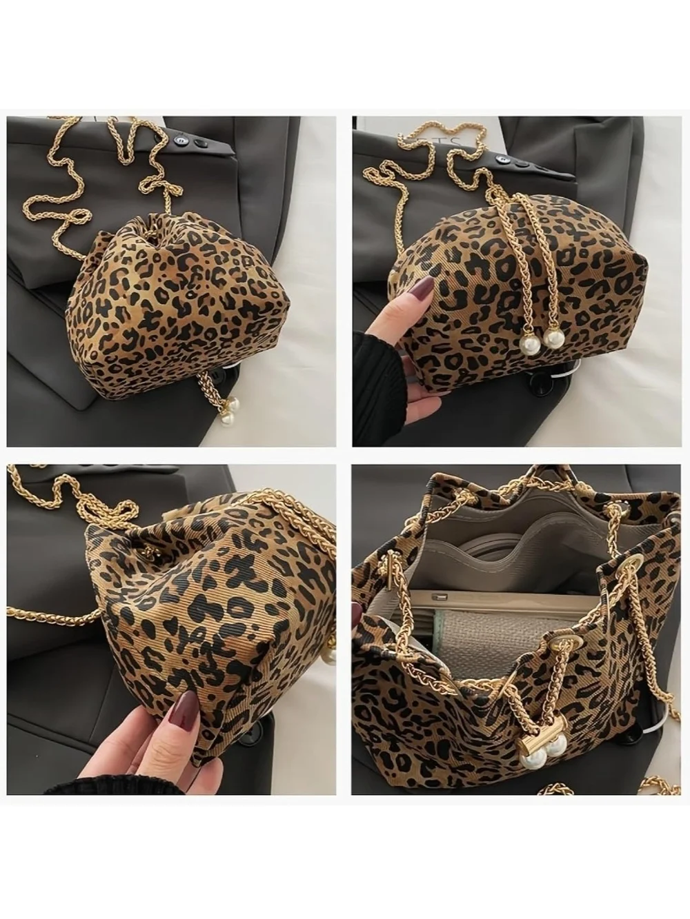 Leopard Print Drawstring Bucket Bag with Gold Chain